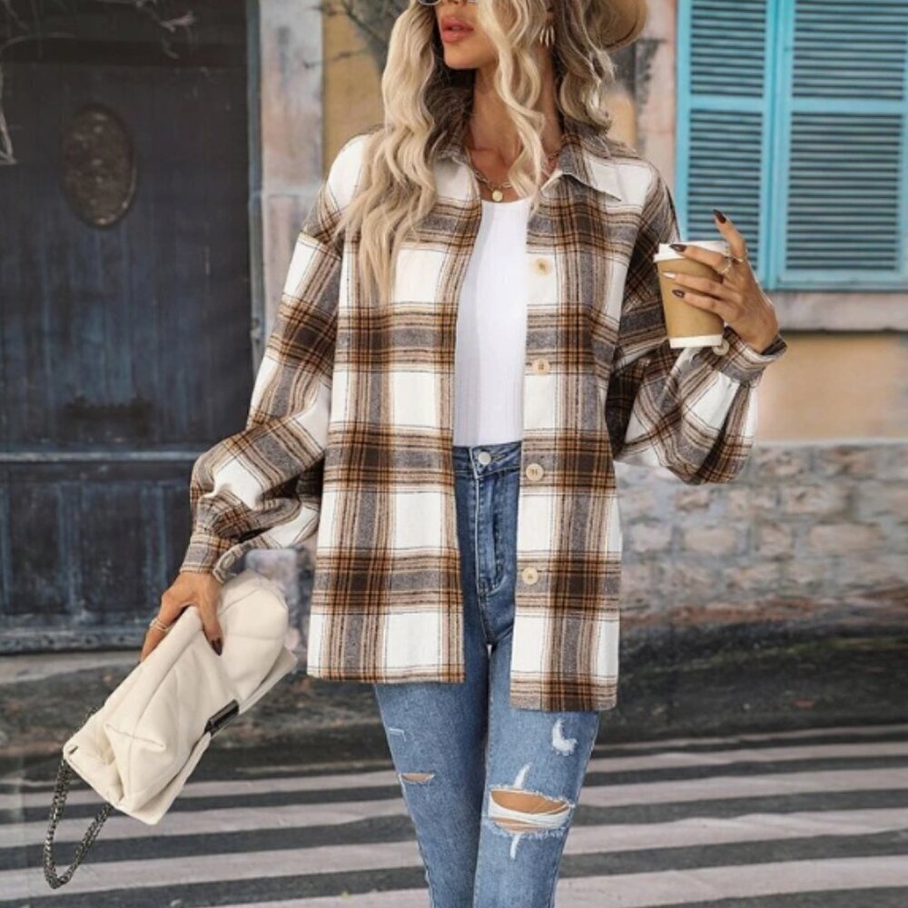 SHEIN Lune Plaid Drop Shoulder Coat Shacket Button Down Jacket - Size 4